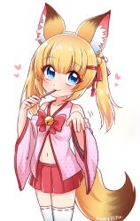 Rule 34 | 1girl, animal ear fluff, animal ears, bad id, bad pixiv id, bell, blonde hair, blue eyes, detached sleeves, eating, food, fox ears, fox tail, hair ornament, hairclip, jingle bell, kemomimi oukoku kokuei housou, long hair, mikoko (kemomimi oukoku kokuei housou), miniskirt, namessyu, navel, pink shirt, pocky, red skirt, ribbon, shirt, simple background, skirt, smile, solo, tail, thighhighs, twintails, virtual youtuber, white background, white thighhighs