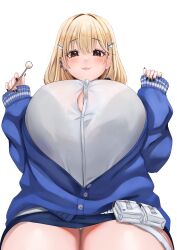 Rule 34 | 1girl, absurdres, belt pouch, black nails, blonde hair, blue jacket, blush, breasts, brown eyes, from below, goddess of victory: nikke, hair ornament, highres, huge breasts, jacket, lips, long hair, mole, mole under eye, nail polish, nyang1, off-shoulder jacket, off shoulder, panties, pantyshot, partially unbuttoned, pencil skirt, pouch, puffy sleeves, shirt, skirt, sleeves past wrists, solo, tia (nikke), underwear, white panties, white shirt