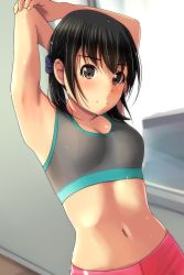 Rule 34 | 1girl, absurdres, armpits, arms behind head, arms up, bare arms, bare shoulders, black hair, blue scrunchie, blush, breasts, brown eyes, closed mouth, collarbone, crop top, hair ornament, hair scrunchie, highres, looking at viewer, matsunaga kouyou, midriff, navel, nose blush, original, pants, pink pants, scrunchie, short twintails, sidelocks, small breasts, smile, solo, stretching, twintails