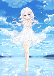 Rule 34 | 1girl, bad id, bad pixiv id, bare shoulders, barefoot, blue eyes, blue sky, blush, cloud, cloudy sky, commission, day, dress, frilled dress, frills, full body, hair between eyes, hand in own hair, hand up, haruri, head tilt, highres, horizon, long hair, ocean, original, outdoors, parted lips, petals, ripples, see-through, see-through dress, silver hair, sky, sleeveless, sleeveless dress, solo, toenails, very long hair, water, watermark, white dress