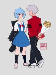 Rule 34 | 1boy, 1girl, albedo (ben 10), artist name, ayanami rei, ben 10, ben 10: alien force, blue hair, bouquet, bow, crossover, faceless, faceless male, flower, full body, grey background, grey hair, highres, jacket, kamii momoru, looking at another, red eyes, rose, serious, shoes, short hair, sketch, skirt, stuffed animal, stuffed toy, teddy bear