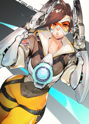 Rule 34 | 1girl, bodysuit, brown hair, dual wielding, goggles, gun, holding, jacket, lips, looking at viewer, overwatch, overwatch 1, sapysha, short hair, solo, spiked hair, tracer (overwatch), weapon