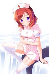 Rule 34 | 10s, 1girl, alternate costume, arm at side, bed, blush, closed mouth, cross, eyebrows, garter straps, hand on own arm, hat, highres, holding another&#039;s arm, holding own arm, looking at viewer, love live!, love live! school idol festival, love live! school idol project, nishikino maki, no shoes, nurse, nurse cap, purple eyes, red hair, shadow, simple background, sitting, smile, solo, swept bangs, thighhighs, white background, white thighhighs, yagami-all hail nanao