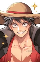 Rule 34 | 1boy, alynomali, artist name, black eyes, black hair, clenched teeth, collarbone, commentary, english commentary, english text, hat, highres, looking at viewer, male focus, monkey d. luffy, one piece, open clothes, open shirt, red shirt, scar, scar on chest, scar on face, shirt, short hair, smile, solo, straw hat, teeth