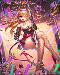 Rule 34 | 1girl, breasts, bustier, cleavage, crossed legs, dutch angle, earrings, elbow gloves, fishnet thighhighs, fishnets, furyou michi ~gang road~, gloves, glowstick, hairband, halloween, high heels, horns, jack-o&#039;-lantern, jewelry, leather, leather gloves, official art, one eye closed, pole, polearm, ribbon, shadowgrave, skirt, solo focus, thighhighs, trident, wand, weapon