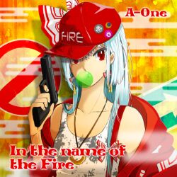 Rule 34 | 1girl, a-one, album cover, alternate costume, bare shoulders, baseball cap, bow, bow earrings, bubble blowing, camouflage tank top, circle name, cover, dangle earrings, earrings, english text, eyelashes, fog, fujiwara no mokou, game cg, gun, hair bow, hair over shoulder, handgun, hat, hat pin, holding, holding gun, holding weapon, jacket, jacket partially removed, jewelry, kuruizaki flower, long hair, looking at viewer, official art, ofuda, ofuda on clothes, red eyes, red headwear, red jacket, red trim, road sign, sign, solo, straight hair, streetwear, suspenders, tank top, touhou, touhou cannonball, upper body, weapon, white bow, white hair, white tank top, yellow background