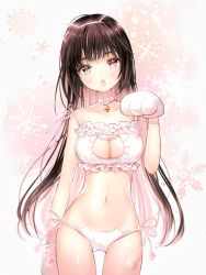 Rule 34 | 1girl, :o, alternate costume, animal ears, animal hands, arm at side, bad id, bad pixiv id, bell, black hair, blunt bangs, blush, bra, breasts, cat cutout, cat ear panties, cat ears, cat lingerie, choker, cleavage, cleavage cutout, clothing cutout, collarbone, cowboy shot, fake animal ears, frills, gloves, gomzi, groin, jingle bell, legs apart, long hair, looking at viewer, meme attire, multicolored hair, navel, neck bell, open mouth, original, panties, paw gloves, paw pose, paw print, pink hair, pink theme, red eyes, side-tie panties, snowflakes, solo, stomach, thigh gap, two-tone hair, underwear, underwear only, very long hair, white panties