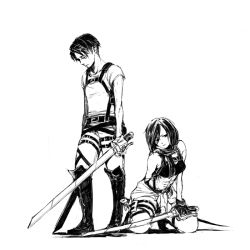 Rule 34 | 1boy, 1girl, abs, arm behind back, arms at sides, belt, black hair, boots, buckle, closed mouth, crop top, dual wielding, full body, greyscale, hand on own thigh, head down, holding, kneeling, levi (shingeki no kyojin), light frown, looking at viewer, looking away, looking down, mikasa ackerman, monochrome, pants, qaswed, scarf, shingeki no kyojin, shirt, short hair, short sleeves, simple background, sketch, sleeveless, standing, swept bangs, t-shirt, tank top, thigh strap, three-dimensional maneuver gear, toned, white background