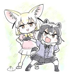 Rule 34 | 10s, 2girls, :d, animal ears, black hair, black neckwear, black skirt, blonde hair, blush stickers, bow, bowtie, brown eyes, center frills, chibi, commentary, common raccoon (kemono friends), extra ears, fang, fennec (kemono friends), fox ears, frills, full body, fur collar, grey hair, hand on another&#039;s head, kemono friends, looking at viewer, multicolored hair, multiple girls, open mouth, outstretched arm, panzuban, pleated skirt, raccoon ears, raccoon tail, short hair, simple background, skirt, smile, tail, triangle mouth, two-tone hair, white skirt, yellow neckwear