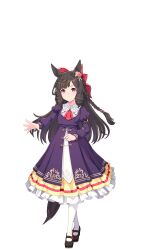 Rule 34 | 1girl, animal ears, ascot, bad link, black footwear, bow, brown hair, closed mouth, collared dress, daiichi ruby (umamusume), dress, expressionless, full body, game model, hair bow, highres, horse ears, horse girl, horse tail, juliet sleeves, lolita fashion, long hair, long sleeves, looking at viewer, mary janes, own hands together, pantyhose, pink eyes, puffy sleeves, purple dress, red ascot, shoes, solo, standing, tachi-e, tail, transparent background, umamusume, white pantyhose
