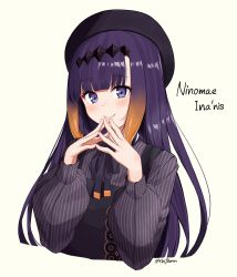 Rule 34 | 1girl, absurdres, beret, black dress, black hat, black ribbon, black shirt, blunt bangs, blush, character name, closed mouth, commentary, cropped torso, dress, eyelashes, fingers together, gradient hair, hat, headpiece, highres, hololive, hololive english, long hair, looking at viewer, multicolored hair, neck ribbon, ninomae ina&#039;nis, ninomae ina&#039;nis (casual), no mole, official alternate costume, orange hair, pinafore dress, purple eyes, purple hair, ribbon, rinfamm, shirt, simple background, sleeveless, sleeveless dress, smile, solo, straight hair, striped clothes, striped shirt, tentacle hair, twitter username, two-tone hair, upper body, vertical-striped clothes, vertical-striped shirt, virtual youtuber, white background
