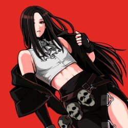 Rule 34 | 1other, androgynous, ascot, asymmetrical gloves, bare shoulders, black gloves, black hair, fingerless gloves, gloves, guilty gear, guilty gear strive, highres, long hair, looking at viewer, other focus, red eyes, skull, solo, tb (spr1110), testament (guilty gear), white ascot