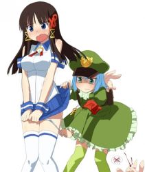 Rule 34 | 2girls, black hair, blood, blue eyes, blue hair, blush, rabbit, clothes lift, covering privates, covering crotch, green dam, green eyes, hat, long hair, multiple girls, nosebleed, os-tan, panties, panty pull, personification, skirt, skirt lift, skirt tug, thighhighs, underwear, xp-tan