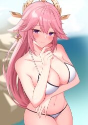 Rule 34 | 1girl, absurdres, animal ears, arm under breasts, bikini, blurry, blurry background, blush, breasts, closed mouth, collarbone, commentary request, earrings, floppy ears, fox ears, genshin impact, hair ornament, hand up, highres, jewelry, large breasts, long hair, looking at viewer, mikoto paint, navel, ocean, pink hair, purple eyes, resolution mismatch, rock, single earring, smile, solo, source smaller, stomach, string bikini, swimsuit, white bikini, yae miko
