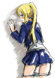 Rule 34 | 1girl, against wall, blonde hair, blue eyes, blue skirt, blush, frown, fullmetal alchemist, jacket, long bangs, long hair, looking back, panties, panty pull, parted lips, ponytail, profile, shirt, simple background, skirt, solo, steam, sweat, thighs, tsukuda0310, underwear, wall, white background, white shirt, winry rockbell