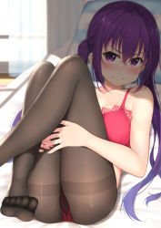Rule 34 | 1girl, 3:, ass, bare arms, bare shoulders, bed sheet, blush, bra, breasts, brown pantyhose, cameltoe, cleavage, cloud, collarbone, commentary request, day, feet, gochuumon wa usagi desu ka?, gusset, hair between eyes, head tilt, highres, hugging own legs, indoors, lace, lace-trimmed bra, lace trim, legs up, long hair, looking at viewer, lying, medium breasts, mottsun (i 40y), no shoes, on back, on bed, panties, panties under pantyhose, pantyhose, pillow, pink bra, pink panties, purple eyes, purple hair, solo, sunlight, tedeza rize, thighband pantyhose, toes, twintails, underwear, v-shaped eyebrows