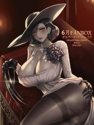 Rule 34 | 1girl, alcina dimitrescu, artist name, ass, black gloves, black hair, blush, breasts, brown eyes, claws, cleavage, commentary request, couch, dress, earrings, gloves, hand on own ass, hat, highres, jewelry, large breasts, lips, looking at viewer, lying, mad kimo, necklace, on side, open mouth, pale skin, pantyhose, resident evil, resident evil village, shiny skin, short hair, white dress