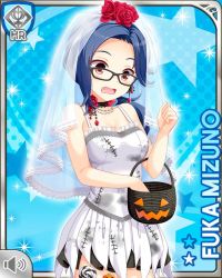 Rule 34 | 1girl, basket, blue background, blue hair, candy, card, character name, costume, dress, earrings, flower, food, girlfriend (kari), glasses, halloween, jack-o&#039;-lantern, jewelry, lollipop, looking at viewer, mizuno fuka, official art, open mouth, qp:flapper, red eyes, rose, solo, stitching, surprised, tagme, veil, white dress
