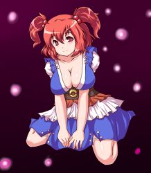 Rule 34 | 1girl, breasts, cleavage, dress, female focus, full body, gradient background, hair bobbles, hair ornament, kneeling, large breasts, moisture (chichi), onozuka komachi, red eyes, red hair, short hair, skirt, smile, solo, touhou, twintails