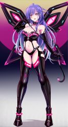 Rule 34 | 1girl, absurdres, black gloves, black thighhighs, blue hair, blush, breasts, earrings, elbow gloves, full body, gloves, hair over one eye, heart, heart-shaped pupils, highres, ibusuki, iris heart, jewelry, kami jigen game neptune v, large breasts, latex, latex thighhighs, long hair, looking at viewer, navel, neptune (series), open mouth, pink eyes, shadow, solo, standing, symbol-shaped pupils, thighhighs, whip