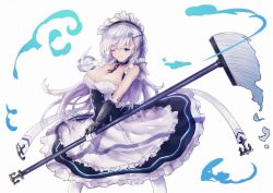 Rule 34 | 1girl, anchor symbol, azur lane, bare shoulders, belfast (azur lane), blue eyes, blush, braid, breasts, chain, cleavage, collar, commentary request, french braid, gloves, highres, holding, large breasts, long hair, looking at viewer, maid, maid headdress, one eye closed, shinonome tsukasa, silver hair, smile, solo