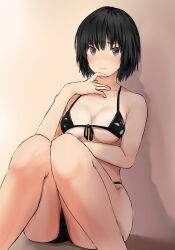 Rule 34 | 1girl, :|, amagami, bikini, black bikini, black hair, blush, breasts, brown background, brown eyes, cleavage, closed mouth, commentary, expressionless, feet out of frame, front-tie bikini top, front-tie top, hand on own chest, hand on own chin, hands on lap, highres, knees together feet apart, knees up, looking at viewer, medium breasts, micro bikini, nanasaki ai, nose blush, on ground, one-piece tan, shadow, shiny swimsuit, short hair, sitting, solo, swimsuit, tan, tanline, yoo tenchi