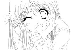 Rule 34 | 1girl, greyscale, highres, lineart, long hair, looking at viewer, monochrome, open mouth, original, smile, solo, toshipiyo, wink