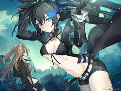 Rule 34 | 2girls, animal ears, black bra, black gloves, black hair, black rock shooter, black rock shooter (character), black rock shooter fragment, blonde hair, blue eyes, bra, breasts, building, closed mouth, cloud, collarbone, copyright name, elishka (black rock shooter), flaming eye, gloves, hair between eyes, hair ornament, holding, holding weapon, long hair, looking at viewer, mephisto (angraecum), multiple girls, navel, nichola (black rock shooter), official art, outdoors, red eyes, short shorts, shorts, sky, small breasts, star-shaped pupils, star (symbol), stomach, symbol-shaped pupils, underwear, weapon