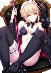 Rule 34 | 1girl, ahoge, apron, artoria pendragon (all), artoria pendragon (alter swimsuit rider) (fate), artoria pendragon (alter swimsuit rider) (second ascension) (fate), artoria pendragon (fate), bikini, black bikini, black footwear, black jacket, black thighhighs, blonde hair, braid, breasts, bridal garter, broom, chair, detached collar, expressionless, fate/grand order, fate/stay night, fate (series), frills, gun, handgun, highres, holding, holding broom, holding gun, holding weapon, jacket, looking at viewer, maid, maid bikini, maid headdress, mary janes, medium breasts, navel, open clothes, pistol, ribbon, saber alter, sakiyamama, shoes, short hair, simple background, sitting, solo, swimsuit, thighhighs, tsurime, unconventional maid, v-shaped eyebrows, weapon, white background, yellow eyes