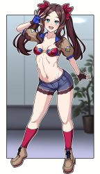 Rule 34 | 1girl, absurdres, belt, bikini, bikini top only, blue eyes, blue shorts, blurry, blush, boots, breasts, brown gloves, brown hair, collarbone, denim, denim shorts, depth of field, eyebrows, fate/grand order, fate (series), fingerless gloves, forehead, gloves, hair ribbon, hand up, highres, kneehighs, leonardo da vinci (fate), leonardo da vinci (swimsuit ruler) (fate), lips, long hair, looking at viewer, midriff, muta poo, navel, open mouth, parted bangs, plant, puffy short sleeves, puffy sleeves, raised eyebrows, red bikini, red ribbon, red socks, ribbon, short shorts, short sleeves, shorts, shrug (clothing), sidelocks, small breasts, smile, socks, solo, source request, standing, swimsuit, teeth, twintails