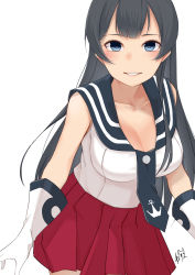 Rule 34 | 1girl, absurdres, agano (kancolle), anchor symbol, belt, black hair, blue eyes, blue necktie, blue sailor collar, breasts, cleavage, collarbone, commission, cowboy shot, gloves, hair between eyes, highres, kantai collection, large breasts, lips, long hair, looking at viewer, necktie, neve (morris-minicooper), pixiv commission, pleated skirt, red skirt, sailor collar, school uniform, serafuku, shirt, signature, simple background, skirt, sleeveless, sleeveless shirt, smile, solo, standing, white background, white gloves