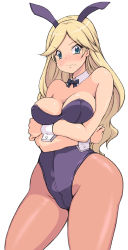 Rule 34 | 1girl, animal ears, bare shoulders, blonde hair, blue eyes, blush, bow, bowtie, breast hold, breasts, cleavage, crossed arms, detached collar, fake animal ears, female focus, green eyes, highres, hodaka leclerc kyoko, kihaiu, large breasts, leotard, long hair, looking at viewer, mole, nervous, pantyhose, playboy bunny, rabbit ears, shiny skin, shy, simple background, smile, solo, standing, steel chronicle, sweat, white background, wrist cuffs