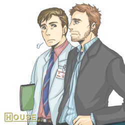 Rule 34 | 2boys, animification, beard, belt, belt buckle, blue necktie, blue shirt, book, breast pocket, brown eyes, brown hair, buckle, closed mouth, collared shirt, copyright name, doctor, expressionless, facial hair, fuji2, gregory house, house m.d., james wilson, long sleeves, looking at viewer, male focus, multiple boys, name tag, necktie, pocket, profile, shirt, simple background, upper body, white background, wing collar