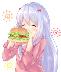 Rule 34 | 1girl, ^ ^, blush, bow, burger, closed eyes, collarbone, commentary request, eating, eromanga sensei, closed eyes, food, frilled sleeves, frills, hair between eyes, hair bow, holding, holding food, izumi sagiri, long hair, long sleeves, pajamas, pikunoma, pink pajamas, pink shirt, red bow, shirt, silver hair, simple background, solo, very long hair, white background