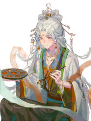 Rule 34 | 1boy, bingzhen yugao, bishounen, chinese clothes, closed mouth, facial mark, forehead mark, half updo, highres, holding, holding paintbrush, holding palette, long hair, long sleeves, male focus, nai tang guo zi yu, paintbrush, palette (object), red eyes, solo, the tale of food, white background, white hair