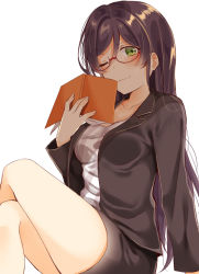 Rule 34 | &gt;;), 1girl, \||/, bespectacled, black jacket, blush, book, breasts, cleavage, commentary request, formal, glasses, green eyes, holding, holding book, jacket, crossed legs, long hair, long sleeves, looking at viewer, love live!, love live! school idol festival, love live! school idol project, medium breasts, miniskirt, mogu (au1127), one eye closed, open book, pencil skirt, purple hair, red-framed eyewear, semi-rimless eyewear, simple background, sitting, skirt, skirt suit, smile, solo, suit, teacher, thighs, tojo nozomi, under-rim eyewear, v-shaped eyebrows, white background