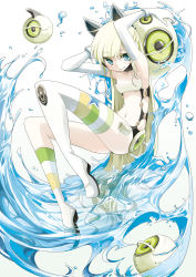 Rule 34 | 1girl, bare shoulders, blonde hair, blue eyes, collarbone, elbow gloves, gloves, highres, long hair, looking at viewer, navel, original, partially submerged, smile, solo, striped clothes, striped thighhighs, tansuke, thighhighs, very long hair, water