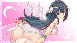 Rule 34 | 1girl, amano nene (vtuber), ass, bare shoulders, black hair, blue eyes, blush, breasts, cougar (cougar1404), dress, from behind, garter belt, huge ass, large breasts, long hair, looking at viewer, panties, production kawaii, see-through, see-through dress, sideboob, smile, solo, thick thighs, thighhighs, thighs, underwear, very long hair, virtual youtuber, wedgie