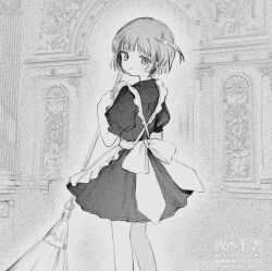 Rule 34 | 1girl, apron, broom, closed mouth, feet out of frame, frilled apron, frills, from behind, greyscale, highres, holding, holding broom, knees together feet apart, light frown, long bangs, looking at viewer, maid, miniskirt, monochrome, one side up, original, puffy short sleeves, puffy sleeves, shirt, short hair, short sleeves, sidelocks, skirt, solo, yorunogumo