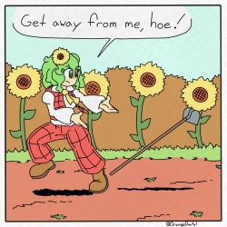 Rule 34 | 1girl, 1koma, ascot, brown footwear, collared shirt, comic, commentary, dirt road, english commentary, english text, floating clothes, flower, frown, garden of the sun, grass, green eyes, green hair, hair flower, hair ornament, highres, hoe, kazami yuuka, pants, parody, plaid, plaid pants, plaid vest, red pants, red vest, road, shirt, shoes, short hair, sirhoopsalot, solo, speech bubble, style parody, sunflower, sunflower hair ornament, talking, touhou, twitter username, vest, walking away, white shirt, yellow ascot