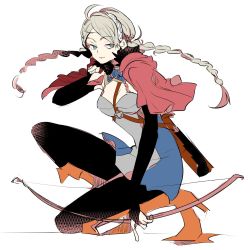Rule 34 | 1girl, arrow (projectile), bad id, bad twitter id, boots, bow (weapon), cloak, elbow gloves, fire emblem, fire emblem fates, full body, gloves, green eyes, grin, highres, holding, holding weapon, kneeling, nina (fire emblem), nintendo, on one knee, pantyhose, smile, solo, torisudesu, twintails, weapon, white background, white hair