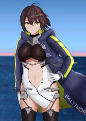 Rule 34 | absurdres, ahoge, azur lane, baltimore (azur lane), black leotard, black thighhighs, blue coat, blue jacket, braid, breasts, brown hair, center opening, character name, clothing cutout, cloud, cloudy sky, coat, cowboy shot, dawn, dress, french braid, gloves, gradient sky, hair between eyes, hand on own hip, highres, hood, hooded coat, hooded jacket, jacket, kalinin4410, large breasts, leotard, long sleeves, looking at viewer, morning, multicolored coat, name tag, ocean, outdoors, short hair, sky, solo, stomach cutout, thighhighs, underboob cutout, water, white gloves, yellow eyes