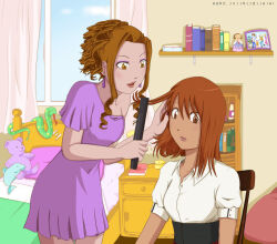 Rule 34 | 2girls, bed, digimon, highres, long hair, multiple girls, short hair, sitting, tachikawa mimi, takenouchi sora