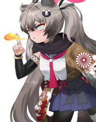 Rule 34 | 1girl, absurdres, animal ears, bandaged leg, bandages, black pantyhose, blue archive, breath weapon, breathing fire, ddog, detached sleeves, fire, grey hair, hair between eyes, hair ornament, halo, highres, michiru (blue archive), navel, open mouth, pantyhose, scarf, school uniform, serafuku, simple background, solo, tail, tearing up, twintails, white background