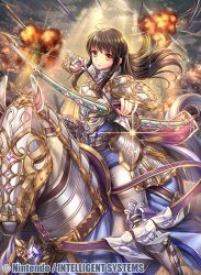 Rule 34 | 1girl, armor, astrid (fire emblem), barding, bow (weapon), breastplate, brown eyes, commentary, company name, copyright name, fire emblem, fire emblem: path of radiance, fire emblem: radiant dawn, fire emblem cipher, fumi (butakotai), holding, holding bow (weapon), holding weapon, long hair, nintendo, official art, outdoors, sparkle, weapon