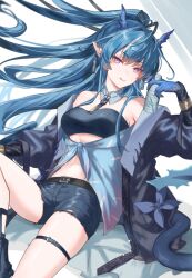Rule 34 | 1girl, :p, arknights, armpits, bandeau, black jacket, blue bandeau, blue shirt, blue shorts, blue skin, bottle, colored skin, commentary request, detached collar, dragon girl, dragon horns, dragon tail, highres, holding, holding bottle, horns, jacket, ling (arknights), ling (towering is cliff of nostalgia) (arknights), looking at viewer, mabing, pointy ears, shirt, shorts, simple background, smile, solo, tail, thigh strap, tied shirt, tongue, tongue out, torn clothes, torn shorts, white background