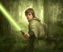 Rule 34 | 1boy, anthonyfoti, belt, blonde hair, blue eyes, commentary, copyright name, energy sword, english commentary, fern, forest, green lightsaber, green tunic, holding, holding lightsaber, holding weapon, lightsaber, looking at viewer, luke skywalker, nature, official art, outdoors, plant, short hair, solo, star wars, star wars: return of the jedi, sword, tree, watermark, weapon