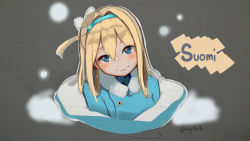 Rule 34 | 1girl, absurdres, blonde hair, blue coat, blue eyes, blue hairband, blush, character name, closed mouth, coat, commentary, english commentary, fur trim, girls&#039; frontline, hair between eyes, hairband, head tilt, highres, kion-kun, long hair, looking at viewer, smile, solo, suomi (girls&#039; frontline), upper body