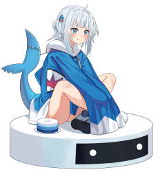 Rule 34 | 1girl, absurdres, blue eyes, blue hair, blue hoodie, blunt bangs, blush, closed mouth, commentary, english commentary, fins, fish tail, gawr gura, gawr gura (1st costume), hair ornament, highres, hololive, hololive english, hood, hoodie, indian style, long hair, long sleeves, multicolored hair, niji (rudduf232), shark girl, shark hair ornament, shark tail, shoes, silver hair, simple background, sitting, sleeves past fingers, sleeves past wrists, smile, sneakers, solo, streaked hair, tail, two side up, virtual youtuber, white background, white footwear, wide sleeves