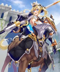 Rule 34 | 1girl, :d, animal ears, arcanadea, armor, armpits, bare shoulders, black gloves, black sleeves, blonde hair, blue eyes, blue sky, bodystocking, boobplate, breastplate, breasts, castle, centaur, cleavage, cloud, collarbone, commentary request, day, detached sleeves, elena (arcanadea), fur trim, gauntlets, gloves, hair between eyes, hat, headgear, highres, holding, holding polearm, holding weapon, horse ears, horse tail, lance, large breasts, long hair, looking at viewer, monster girl, multiple legs, official art, open mouth, outdoors, over shoulder, polearm, ponytail, see-through, see-through cleavage, shin guards, sidelocks, sky, smile, solo, standing, standing on three legs, tail, taur, waist cape, weapon, weapon over shoulder, white hat, z-ton